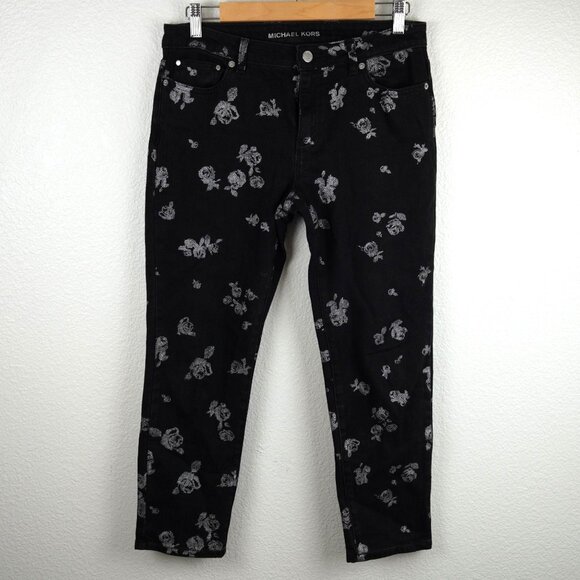 Michael‎ Kors Izzy Cropped Skinny Jeans Black Floral Print Size 6 - Picture 1 of 11